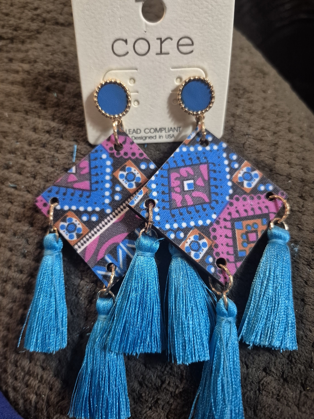 Core Blue & Pink Geometric Tassel Earrings